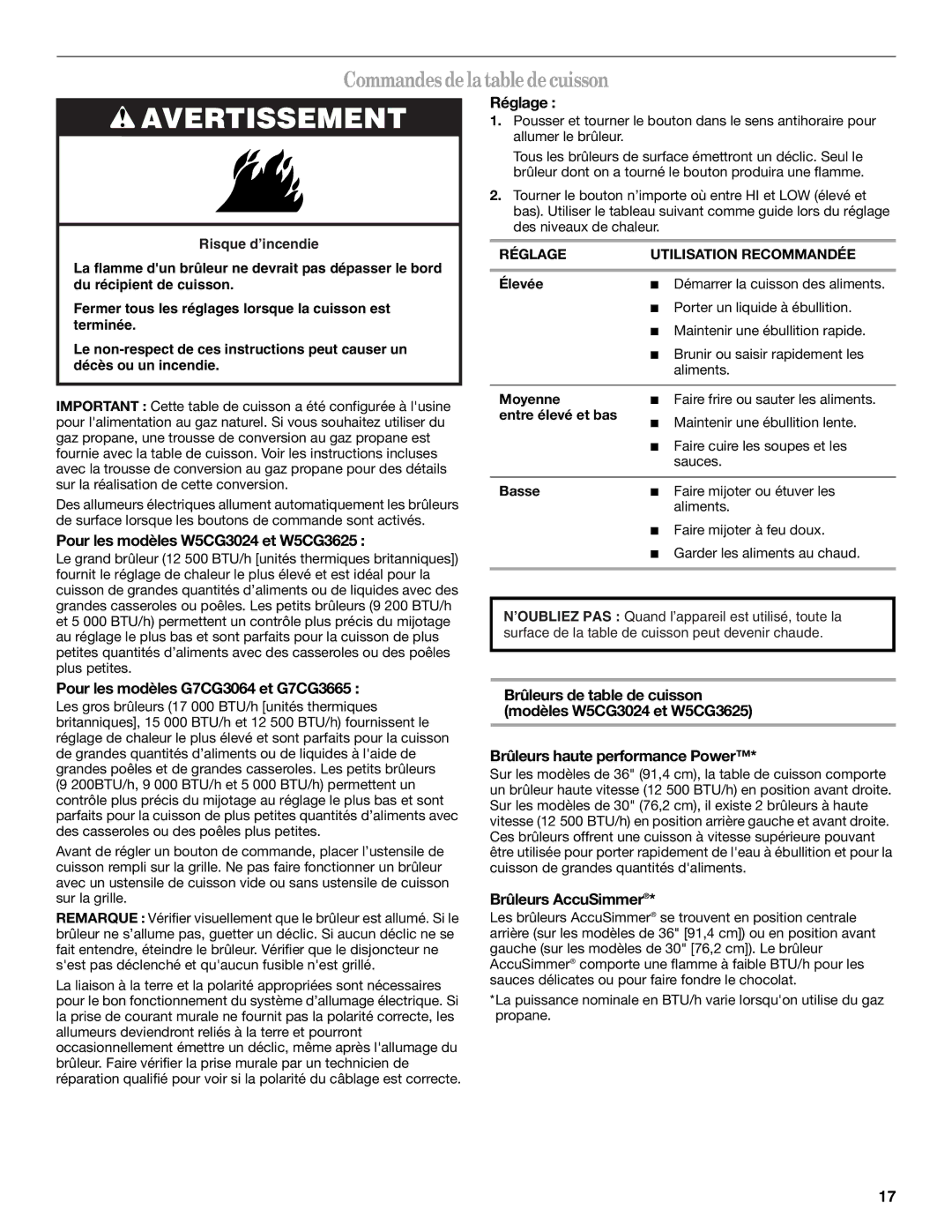 Whirlpool G7CG3665, G7CG3064XS, W5CG3024XB, W5CG3024XW, W5CG3625XB, W5CG3024XS manual Commandesdelatabledecuisson 