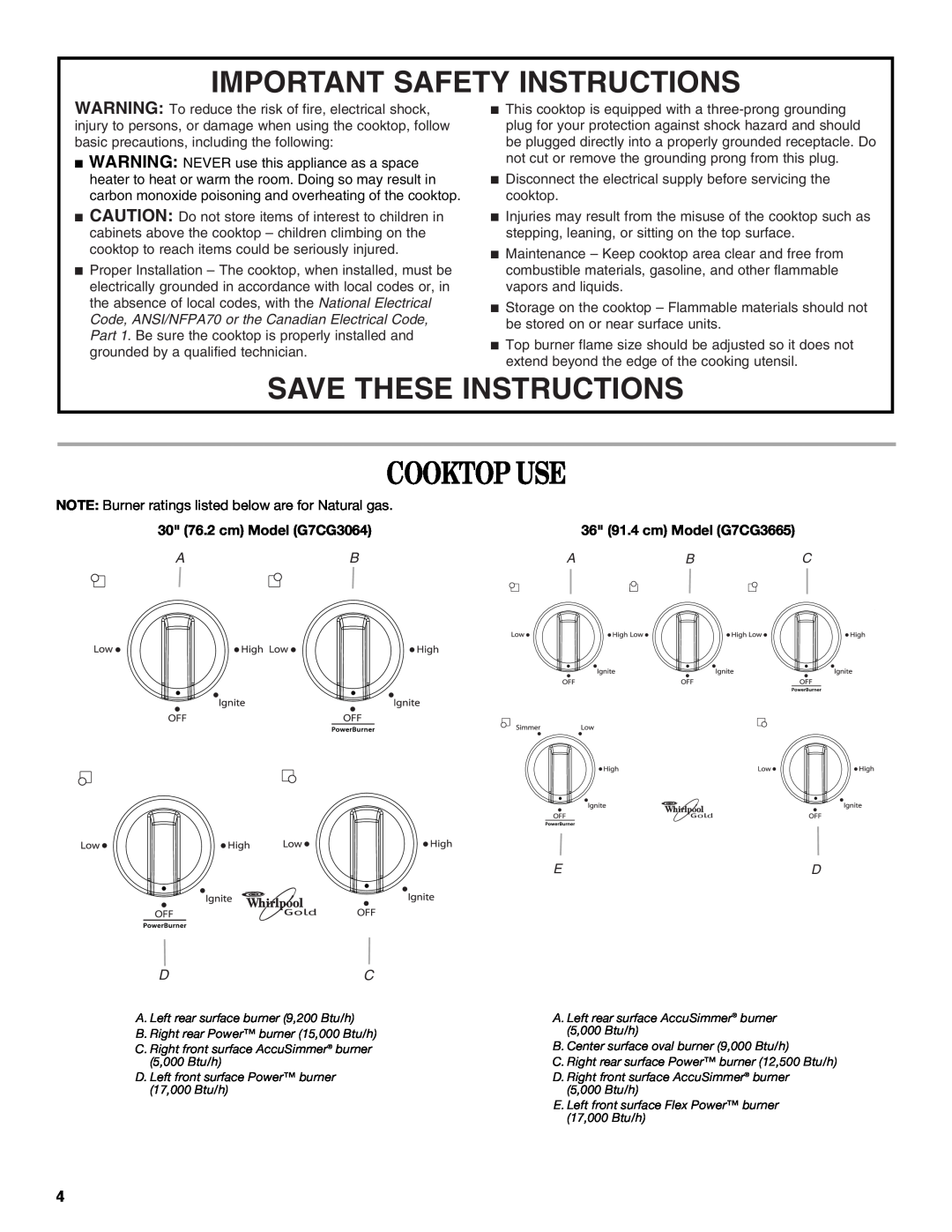 Whirlpool W5CG3625, G7CG3064XS, W5CG3024 manual Cooktop Use, Important Safety Instructions, Save These Instructions, Ab Dc 