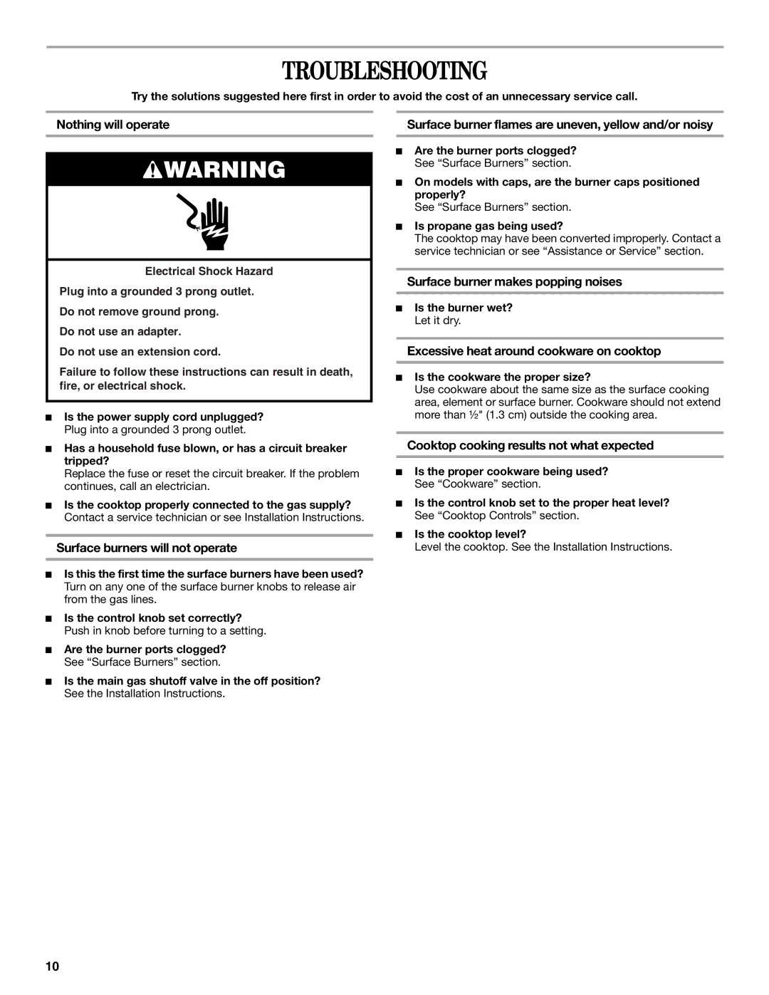 Whirlpool G7CG3665XS manual Troubleshooting 