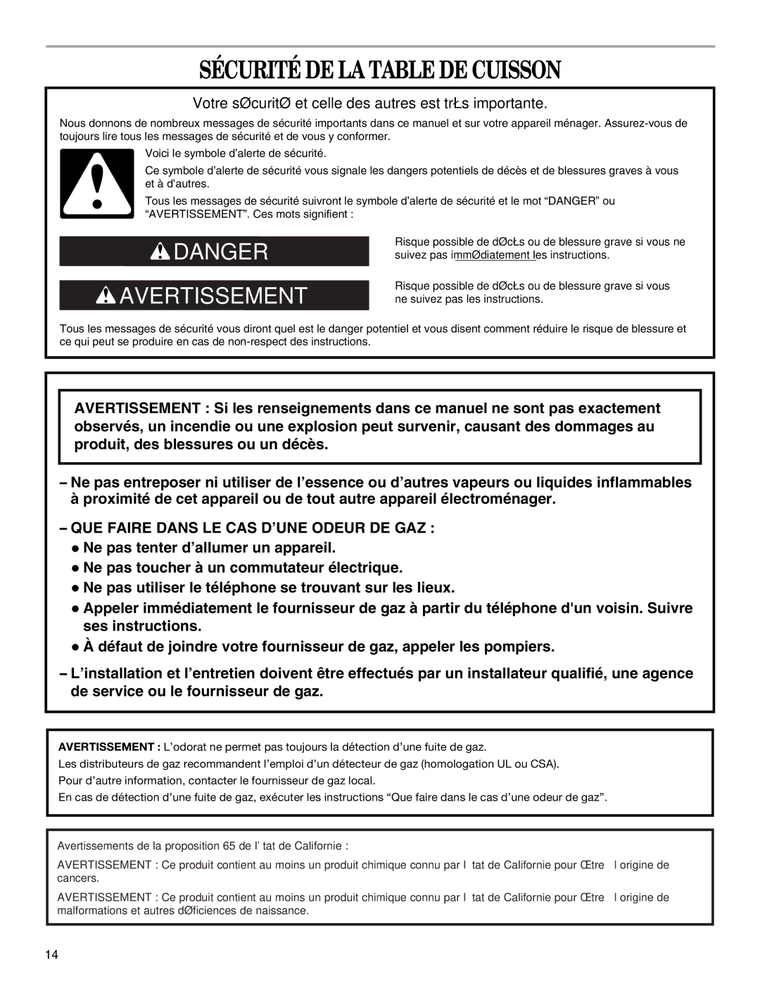 Whirlpool G7CG3665XS manual Sécurité DE LA Table DE Cuisson, Votre sécurité et celle des autres est très importante 