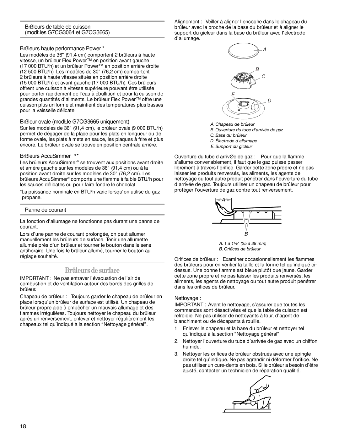 Whirlpool G7CG3665XS manual Brûleurs desurface, Brûleur ovale modèle G7CG3665 uniquement, Panne de courant, Nettoyage 