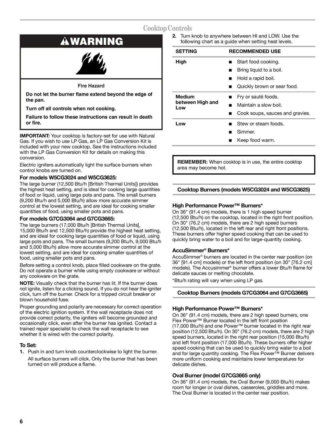 Whirlpool G7CG3665XS manual CooktopControls 