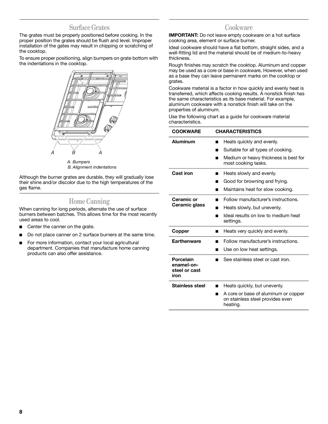 Whirlpool G7CG3665XS manual SurfaceGrates, HomeCanning, Cookware Characteristics 