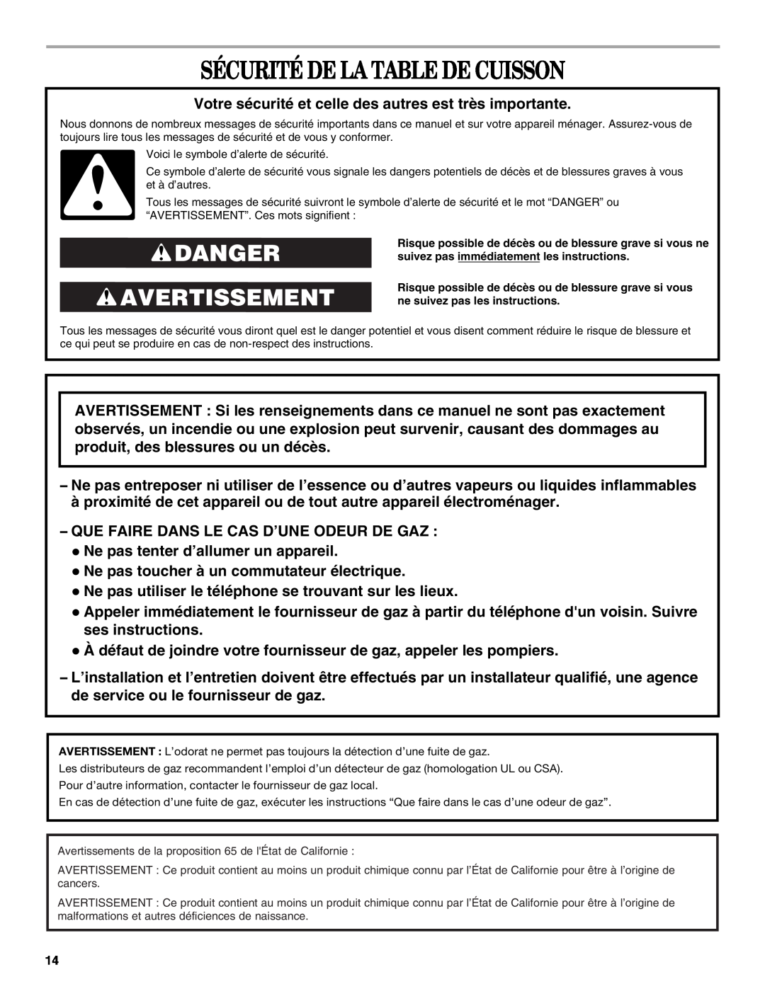 Whirlpool G7CG3665XS manual Sécurité De La Table De Cuisson, Danger Avertissement 
