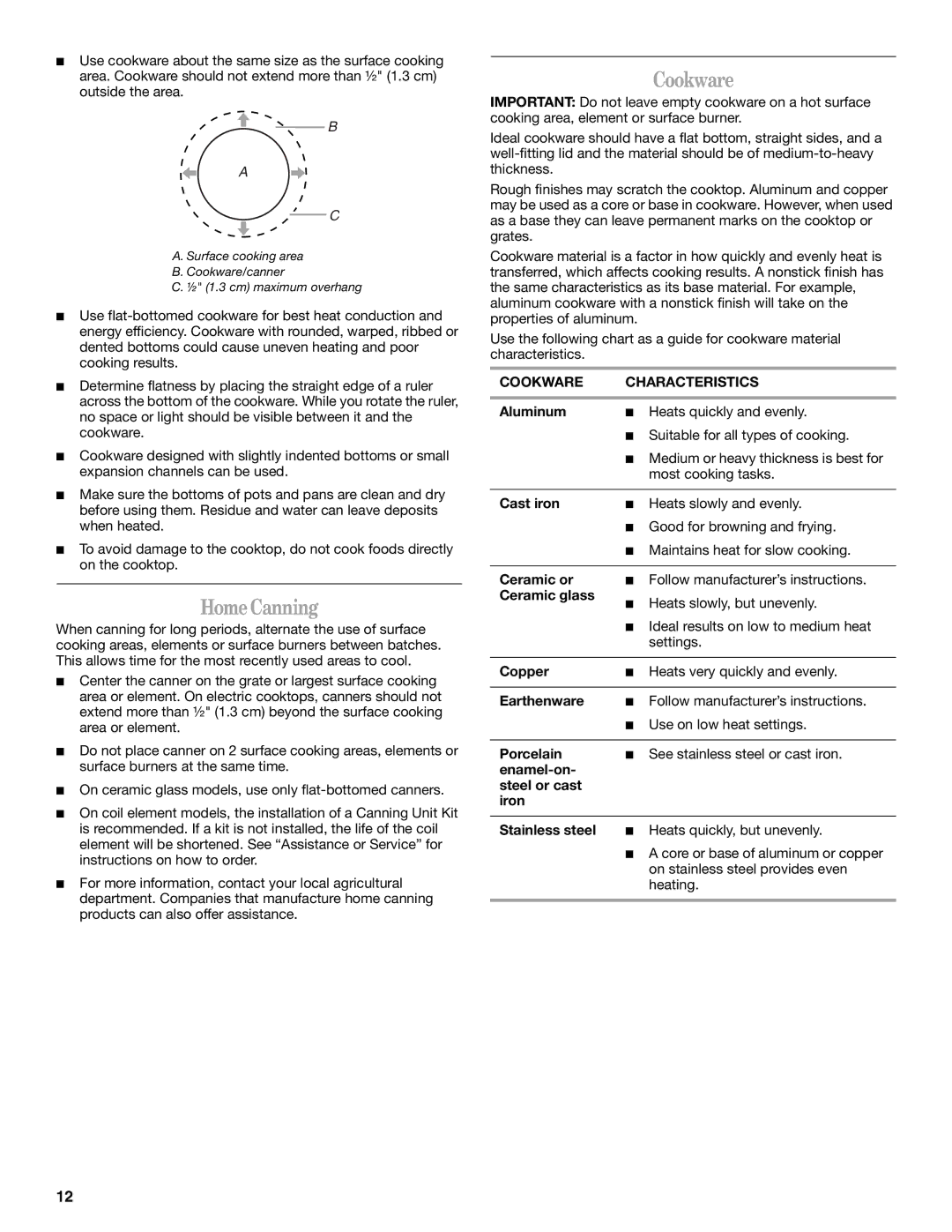 Whirlpool G9CE3065XB manual HomeCanning, Cookware Characteristics 