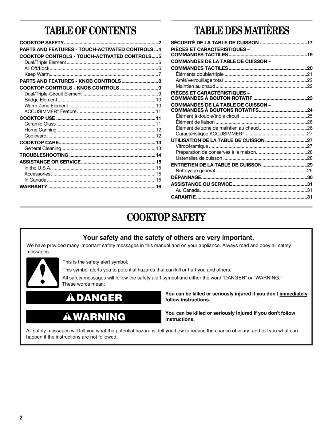 Whirlpool G9CE3065XB manual Cooktop Safety, Table of Contents 