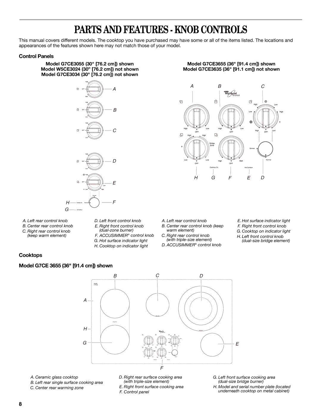 Whirlpool G9CE3065XB manual Parts and Features Knob Controls, Cooktops Model G7CE 3655 36 91.4 cm shown 