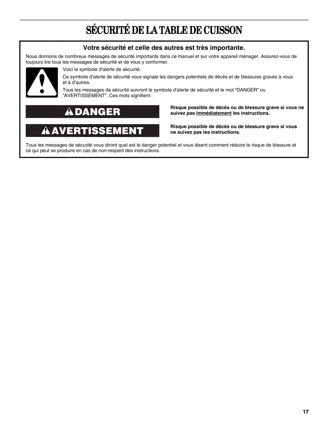 Whirlpool G9CE3065XB manual Sécurité De La Table De Cuisson, Danger Avertissement 