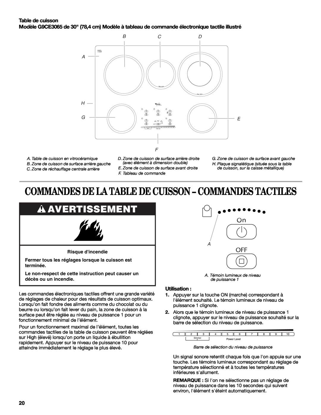 Whirlpool G9CE3065XB Avertissement, Commandes De La Table De Cuisson - Commandes Tactiles, Table de cuisson, Utilisation 