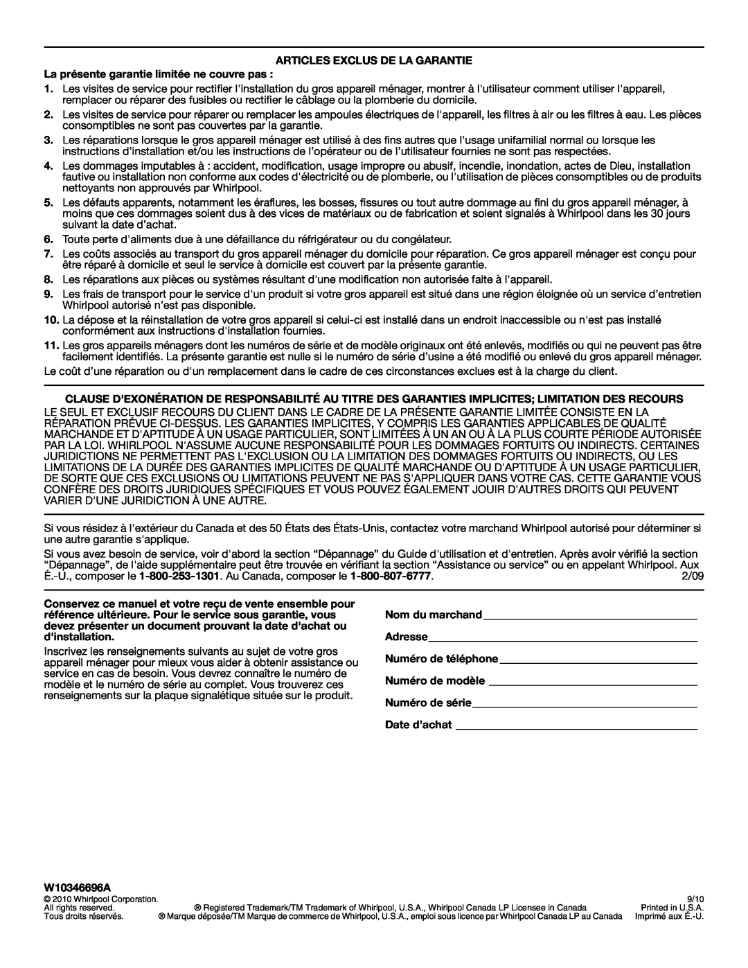 Whirlpool G9CE3065XB manual Articles Exclus De La Garantie, La présente garantie limitée ne couvre pas, W10346696A 
