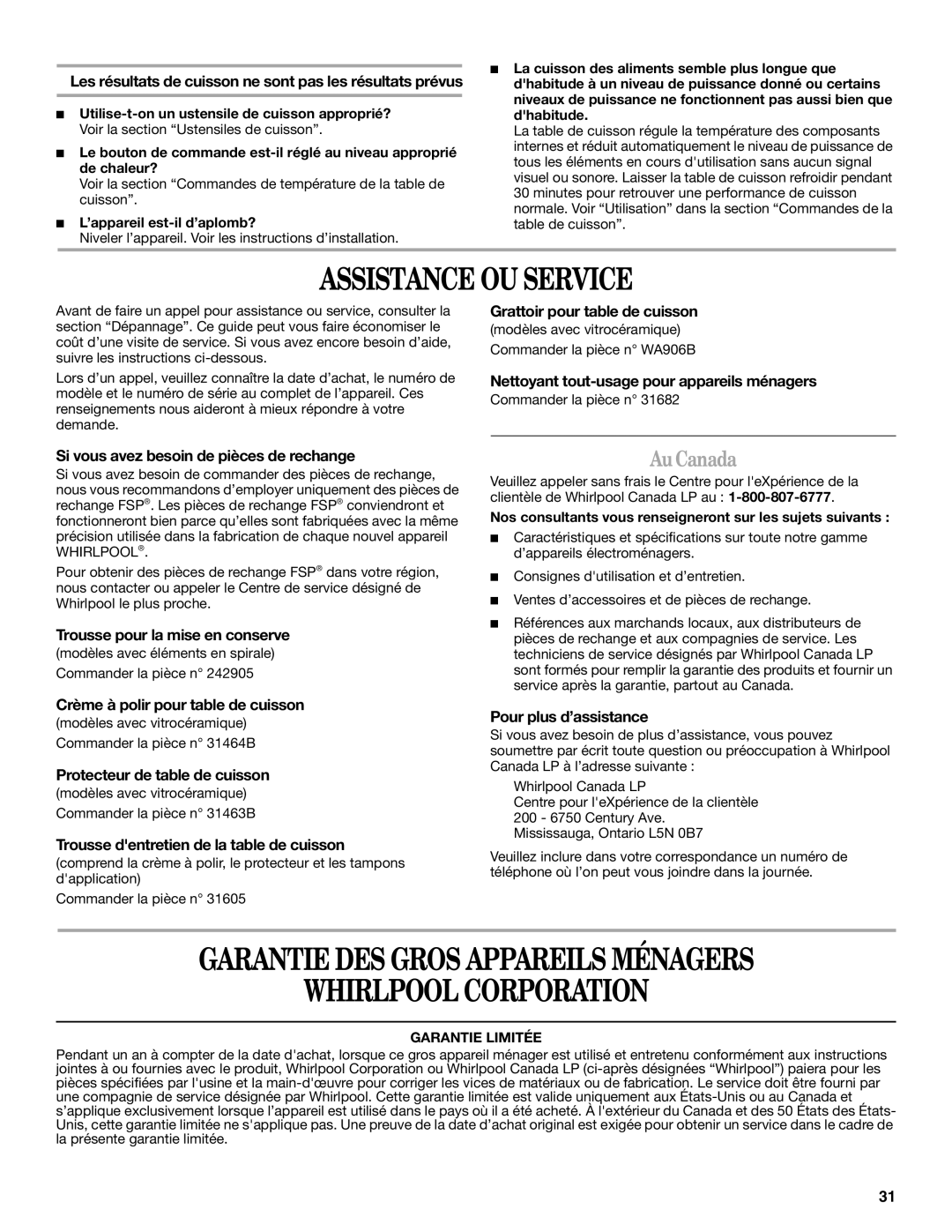 Whirlpool G9CE3675XB manual Assistance OU Service, Garantie DES Gros Appareils Ménagers Whirlpool Corporation, AuCanada 