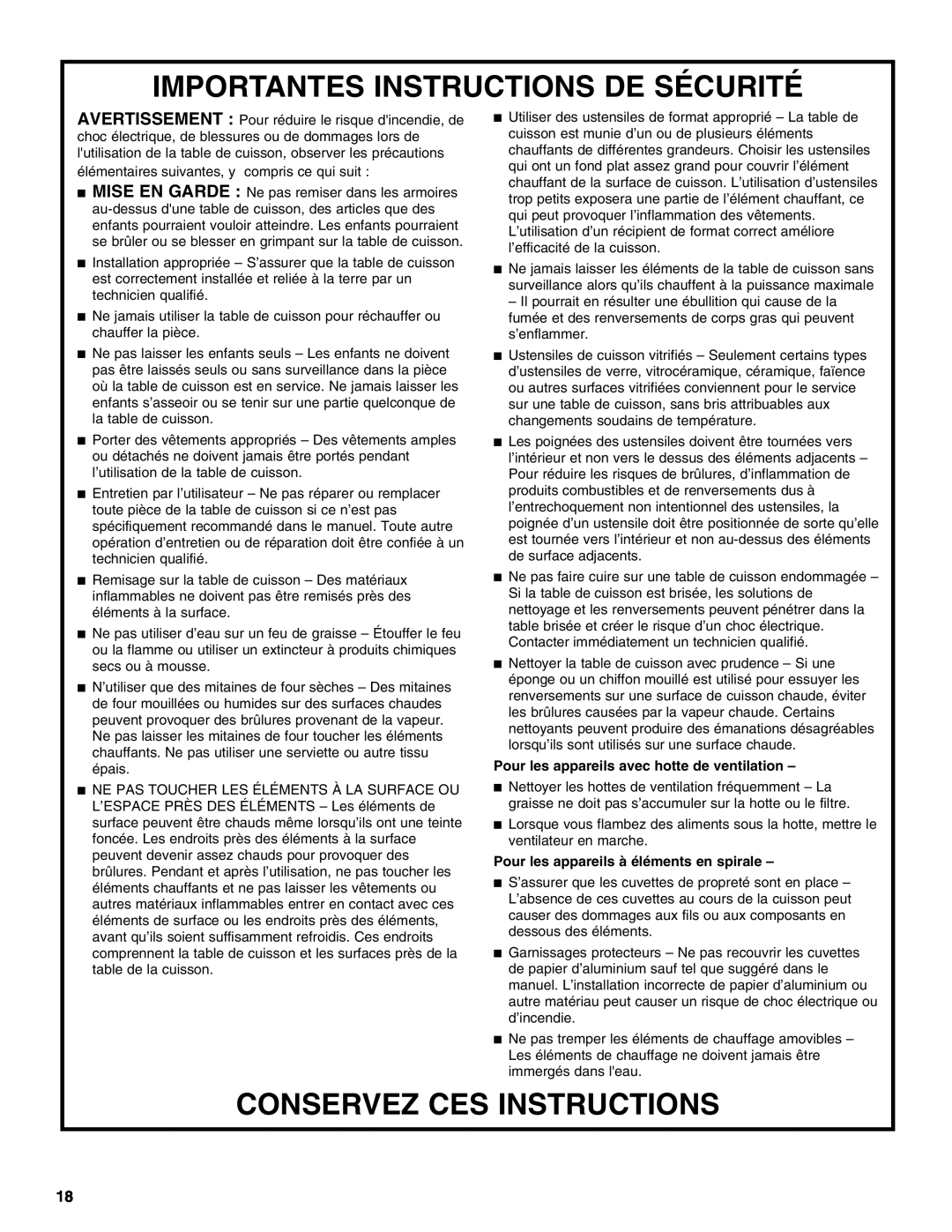 Whirlpool G9CE3675XB manual Importantes Instructions De Sécurité, Conservez Ces Instructions 