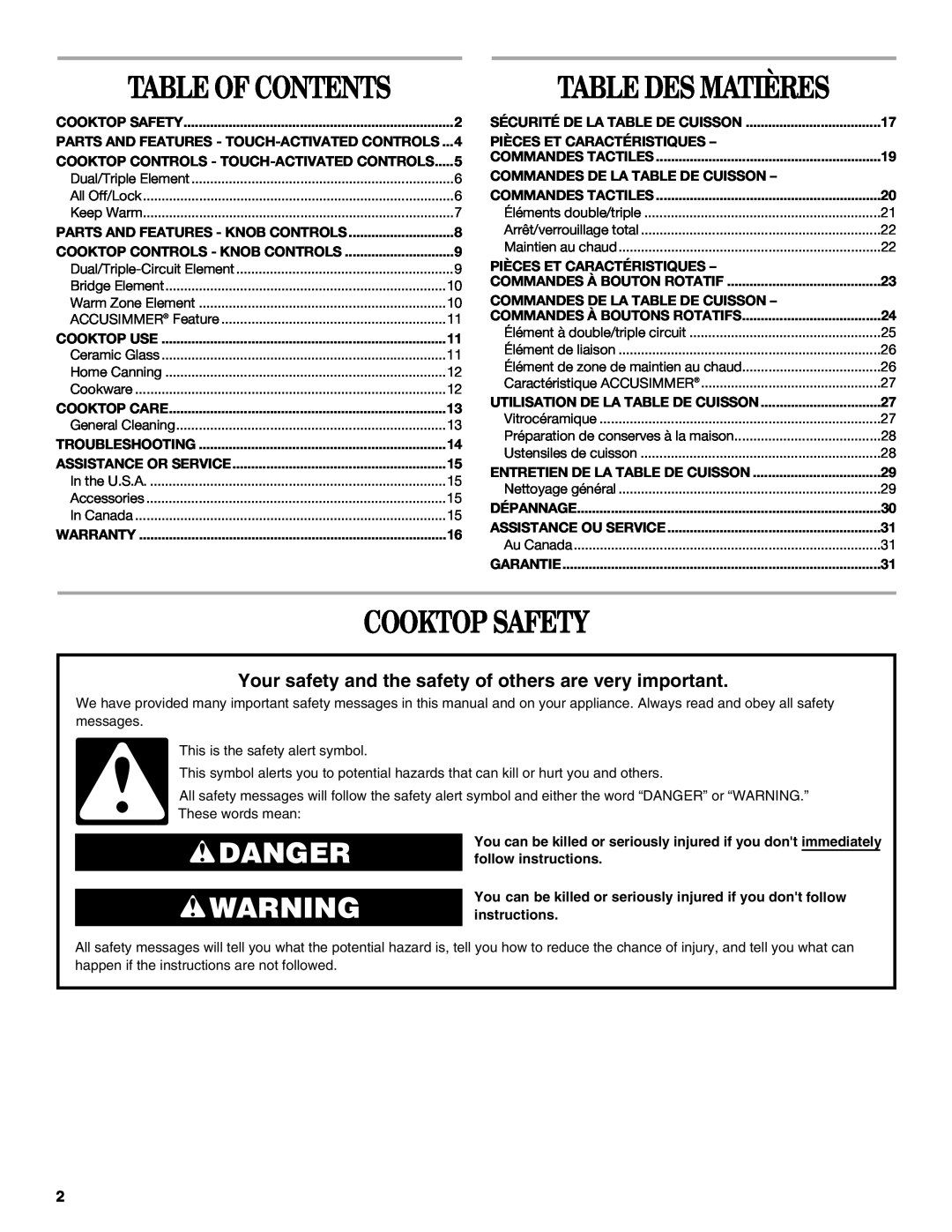 Whirlpool G9CE3675XB manual Cooktop Safety, Table Des Matières, Danger, Table Of Contents 