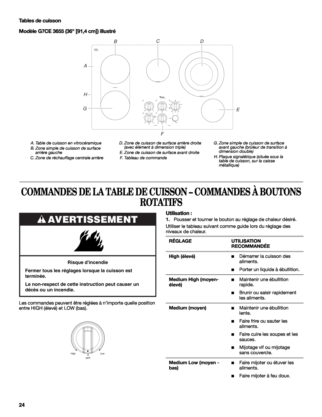 Whirlpool G9CE3675XB manual Rotatifs, Tables de cuisson, Modèle G7CE 3655 36 91,4 cm illustré, Bcd A H G, Avertissement 