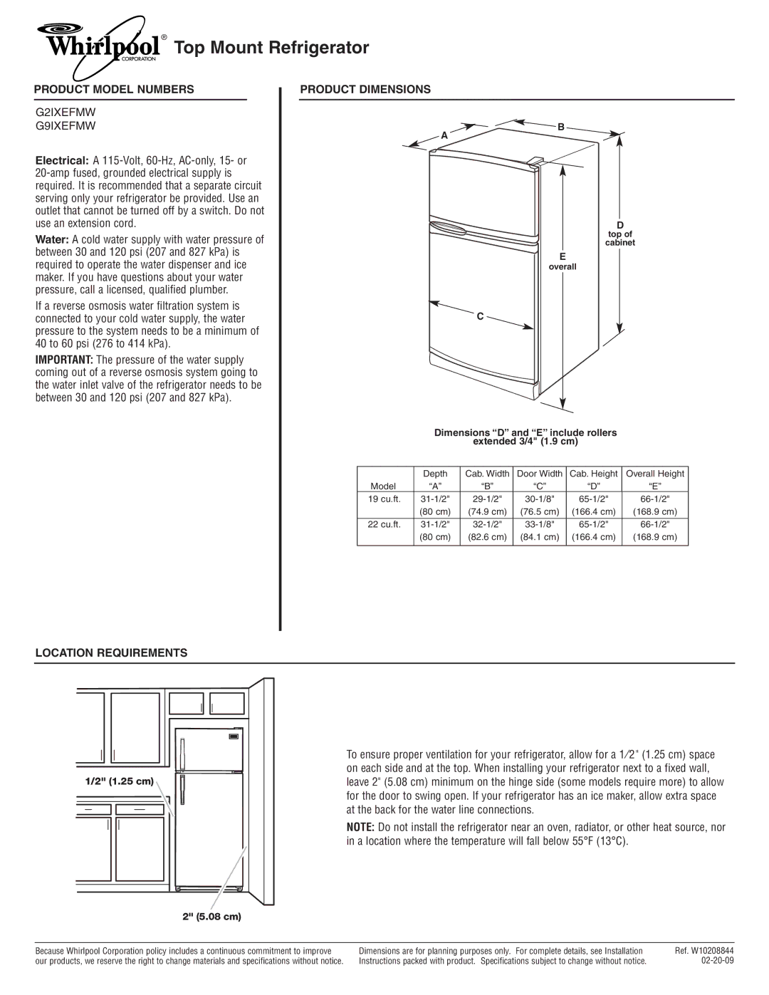 Whirlpool dimensions Top Mount Refrigerator, Product Model Numbers, G2IXEFMW G9IXEFMW, Product Dimensions 