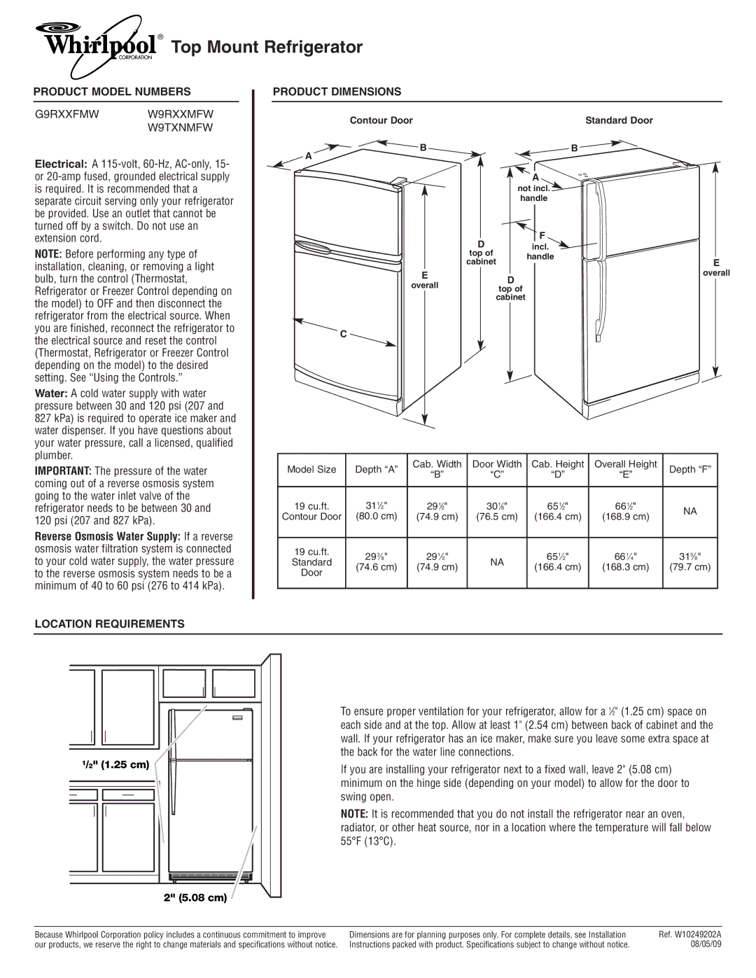 Whirlpool W9TXNMFW dimensions Top Mount Refrigerator, Product Model Numbers, Product Dimensions, Location Requirements 