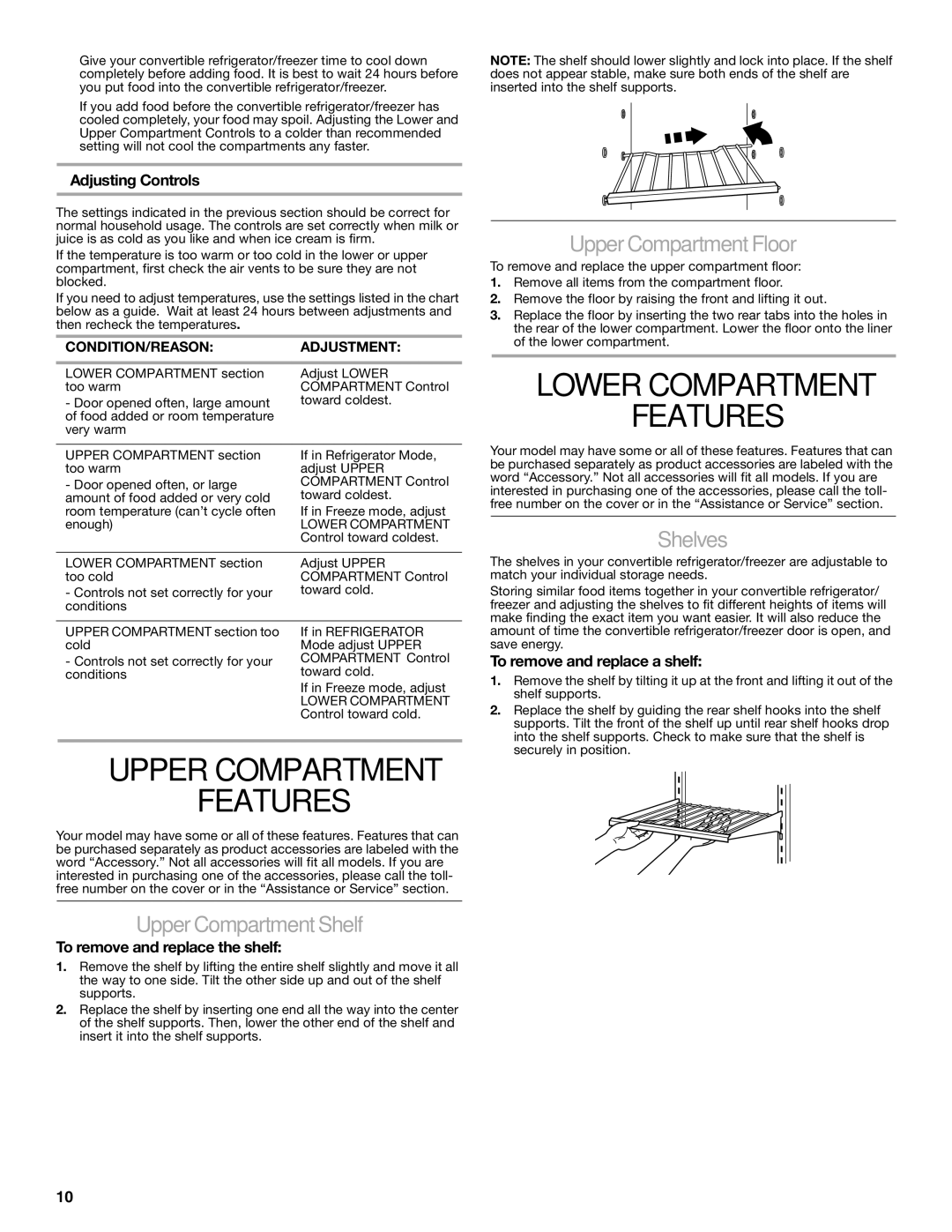 Whirlpool GAFZ21XXMK00 manual Upper Compartment Features, Lower Compartment Features, Upper Compartment Shelf, Shelves 