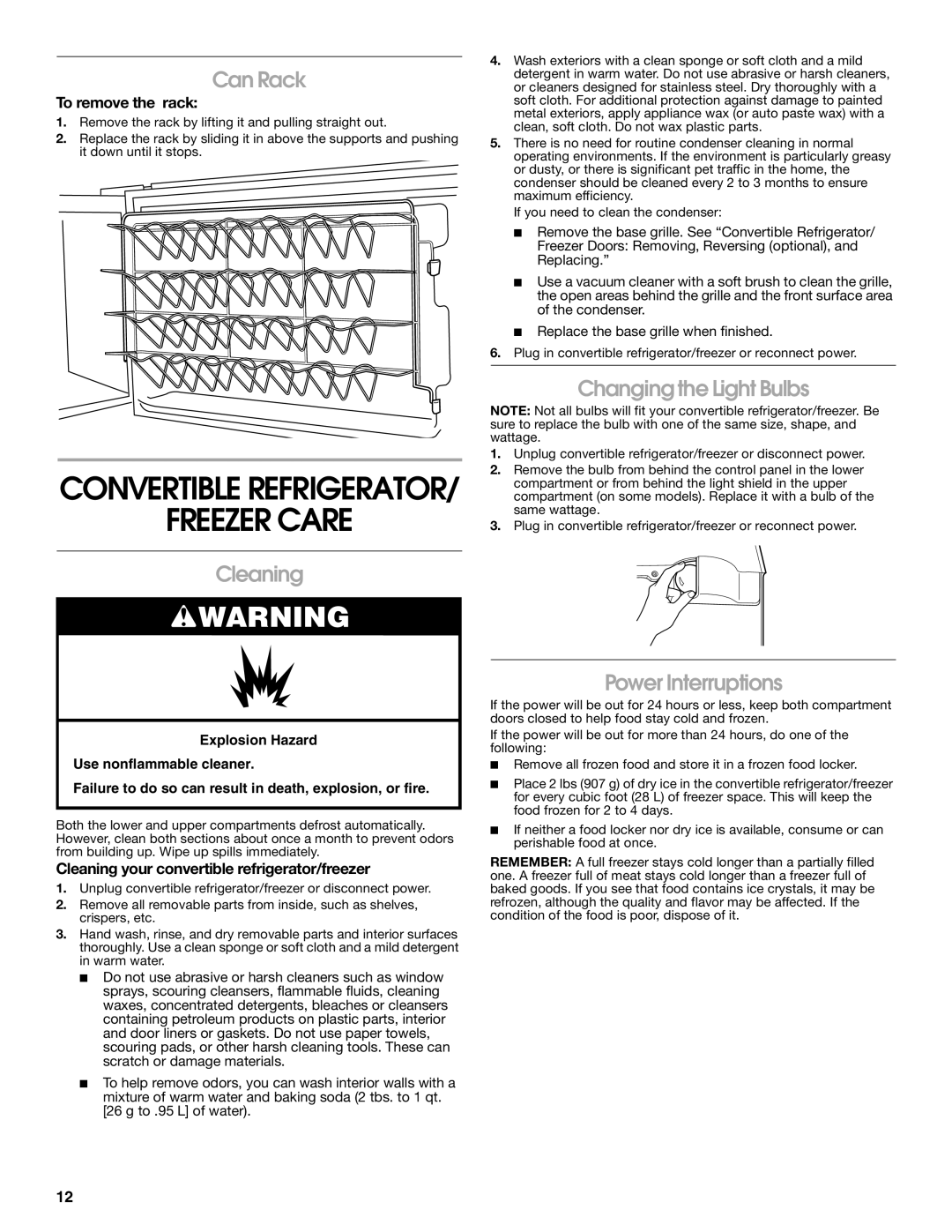 Whirlpool GAFZ21XXMK00 manual Freezer Care, Can Rack, Cleaning, Changing the Light Bulbs, Power Interruptions 