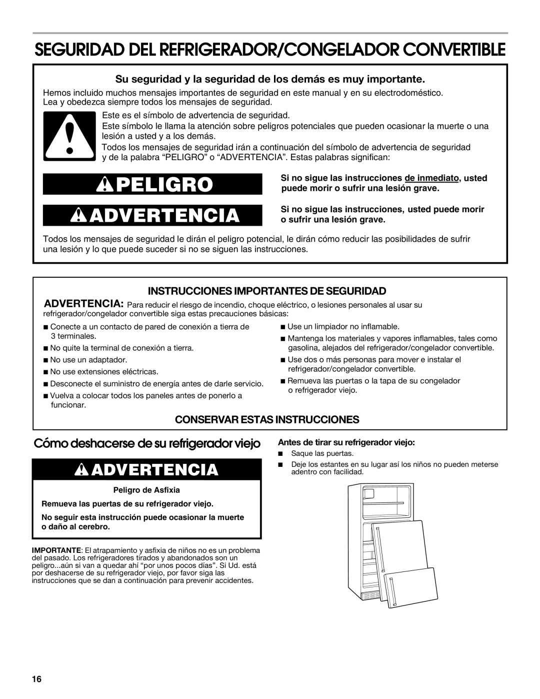 Whirlpool GAFZ21XXMK00 manual Seguridad DEL REFRIGERADOR/CONGELADOR Convertible, Antes de tirar su refrigerador viejo 