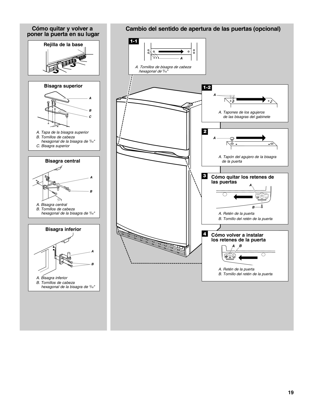 Whirlpool GAFZ21XXMK00 manual Cómo quitar y volver a poner la puerta en su lugar 