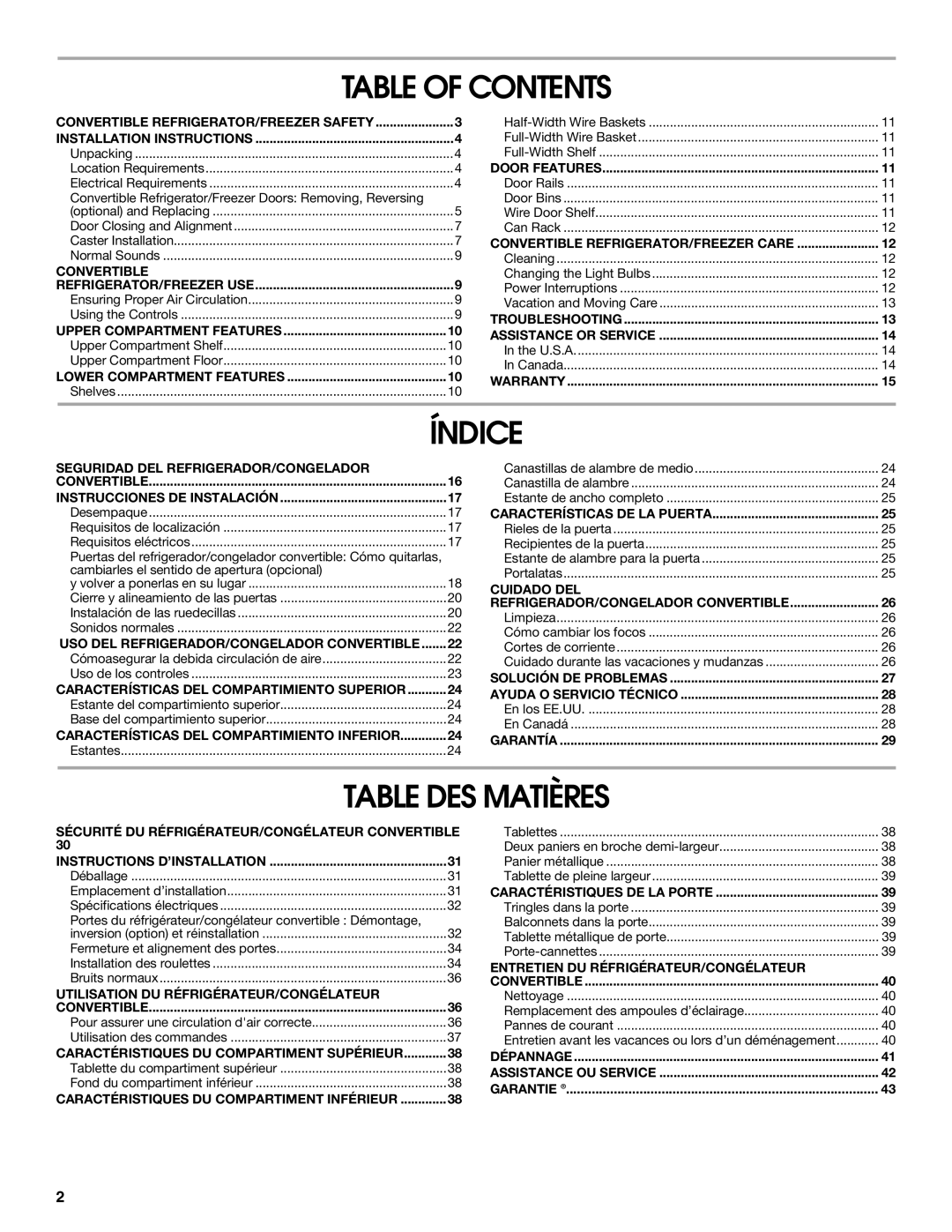 Whirlpool GAFZ21XXMK00 manual Table of Contents, Índice, Table DES Matières 