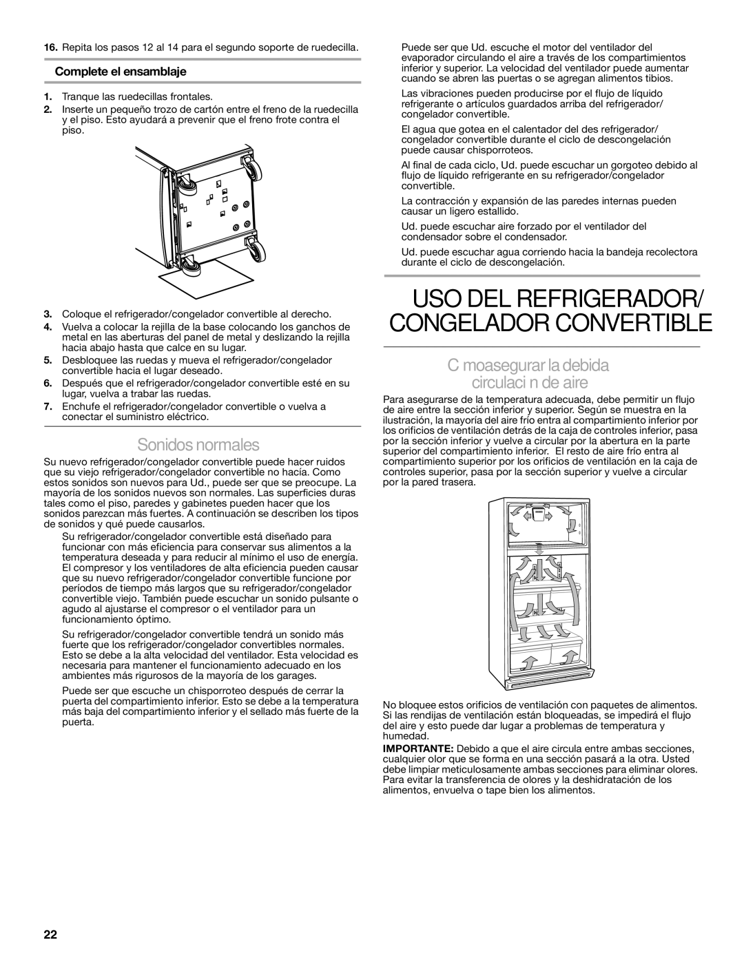 Whirlpool GAFZ21XXMK00 manual Sonidos normales, Cómoasegurar la debida Circulación de aire, Complete el ensamblaje 