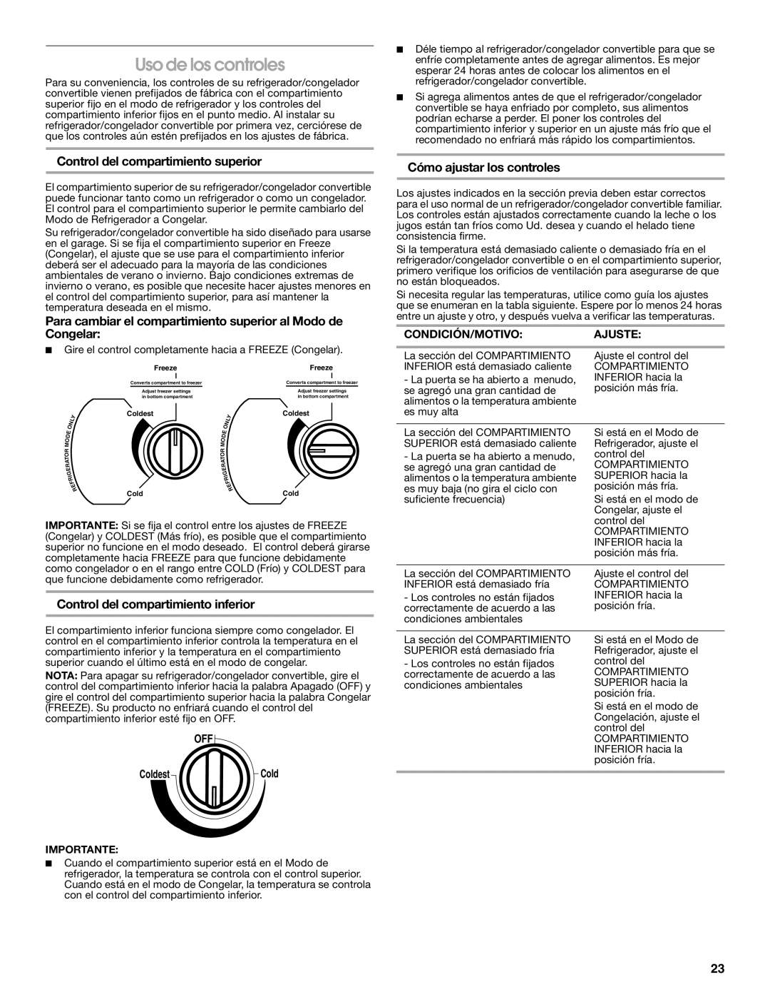 Whirlpool GAFZ21XXMK00 manual Uso de los controles, Control del compartimiento superior, Cómo ajustar los controles 