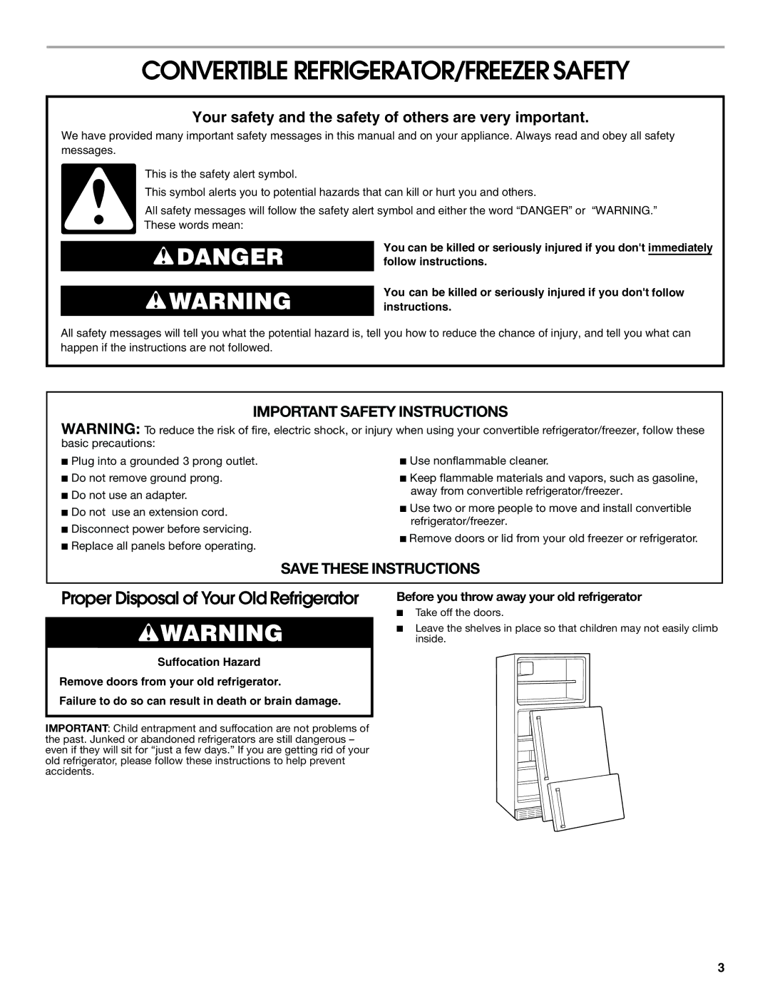 Whirlpool GAFZ21XXMK00 manual Convertible REFRIGERATOR/FREEZER Safety, Before you throw away your old refrigerator 