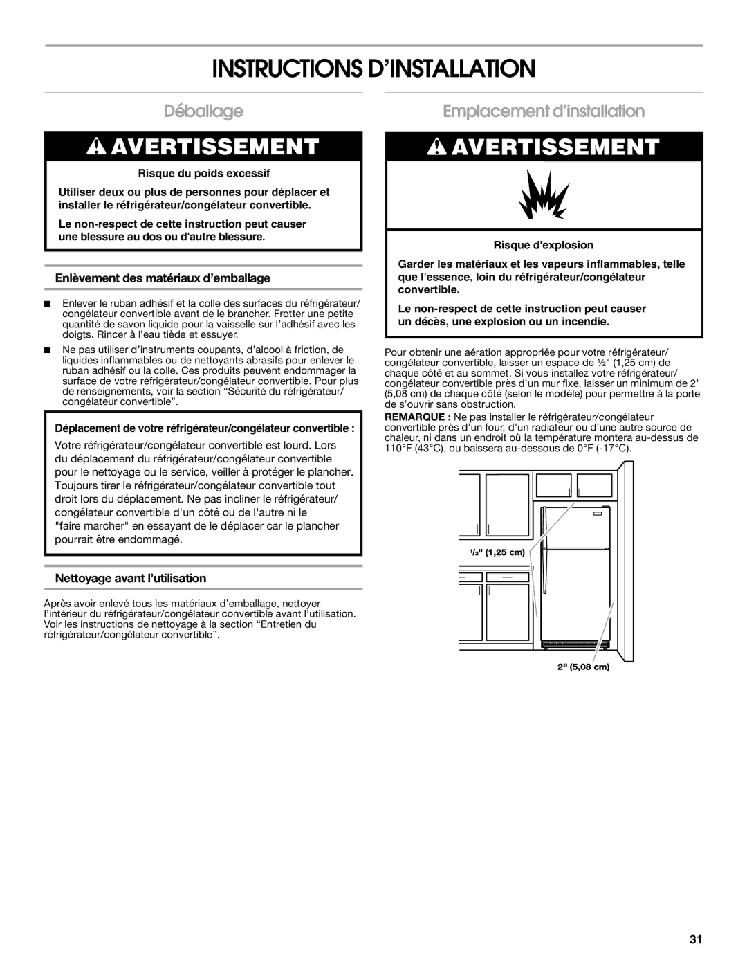 Whirlpool GAFZ21XXMK00 Instructions D’INSTALLATION, Déballage, Emplacement d’installation, Nettoyage avant l’utilisation 