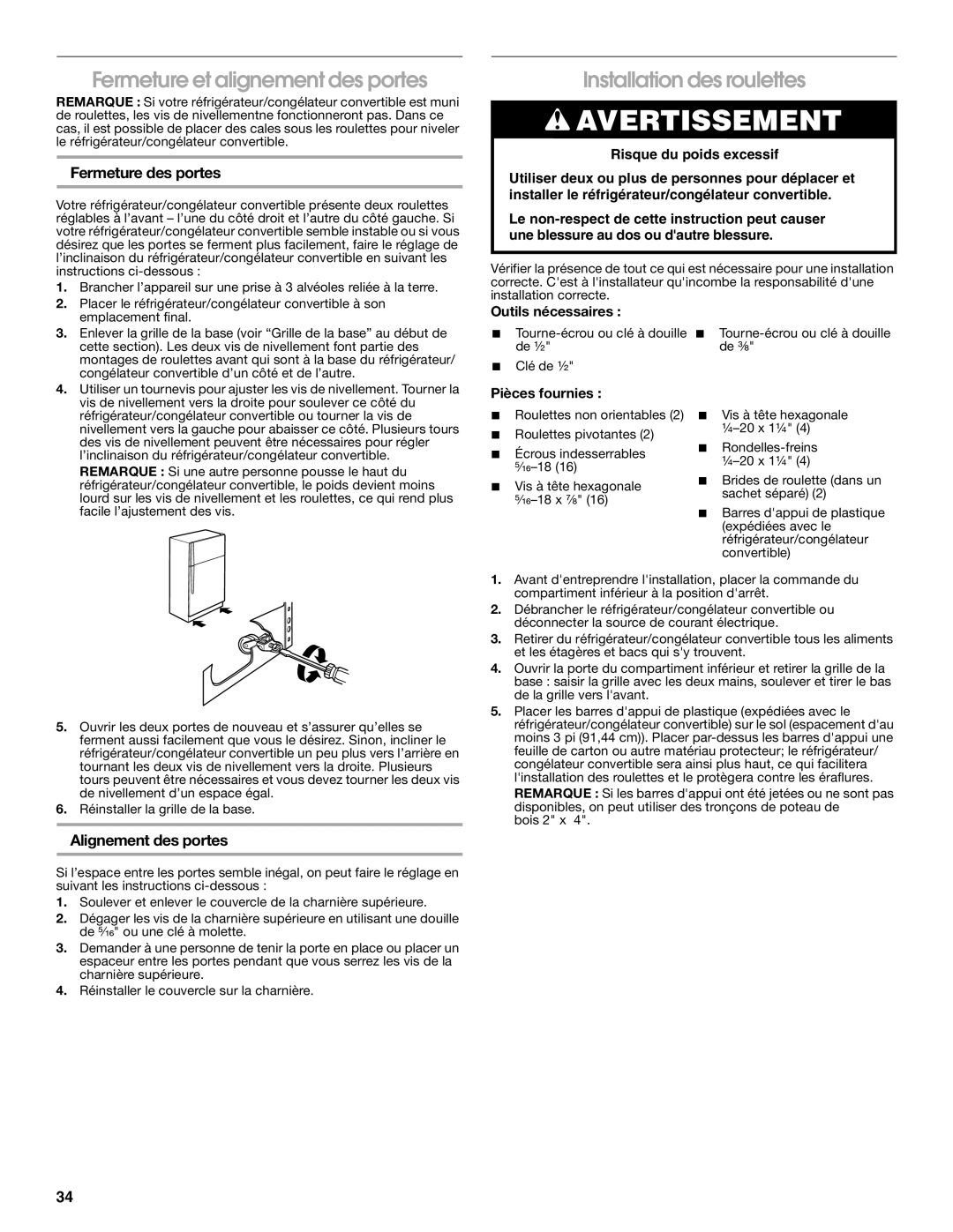 Whirlpool GAFZ21XXMK00 manual Fermeture et alignement des portes, Installation des roulettes, Fermeture des portes 