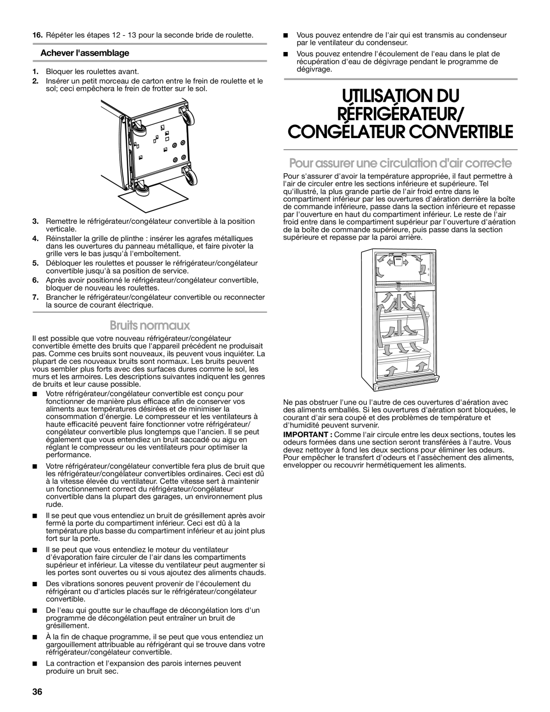 Whirlpool GAFZ21XXMK00 manual Utilisation DU Réfrigérateur, Bruits normaux, Pour assurer une circulation dair correcte 