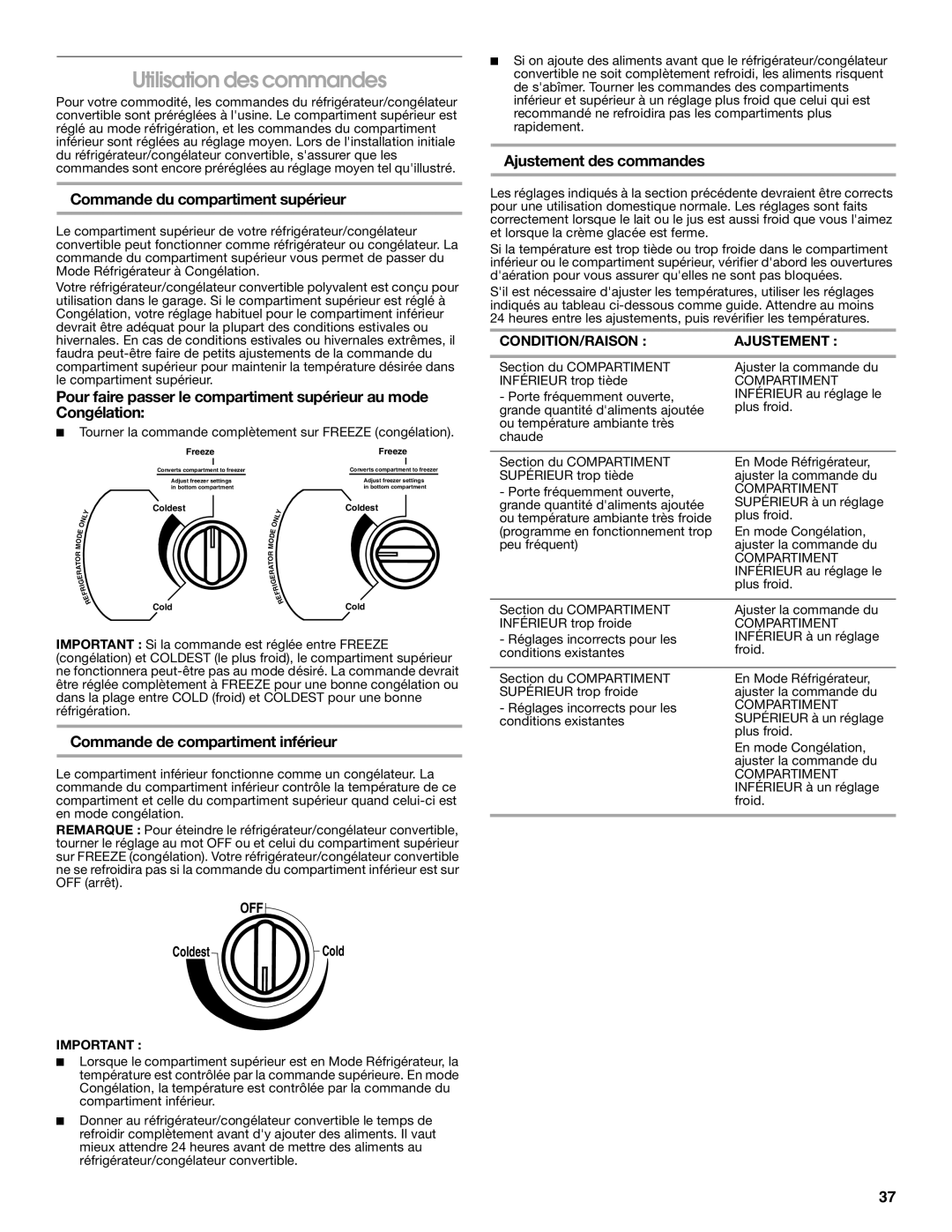 Whirlpool GAFZ21XXMK00 manual Utilisation des commandes, Commande du compartiment supérieur, Ajustement des commandes 