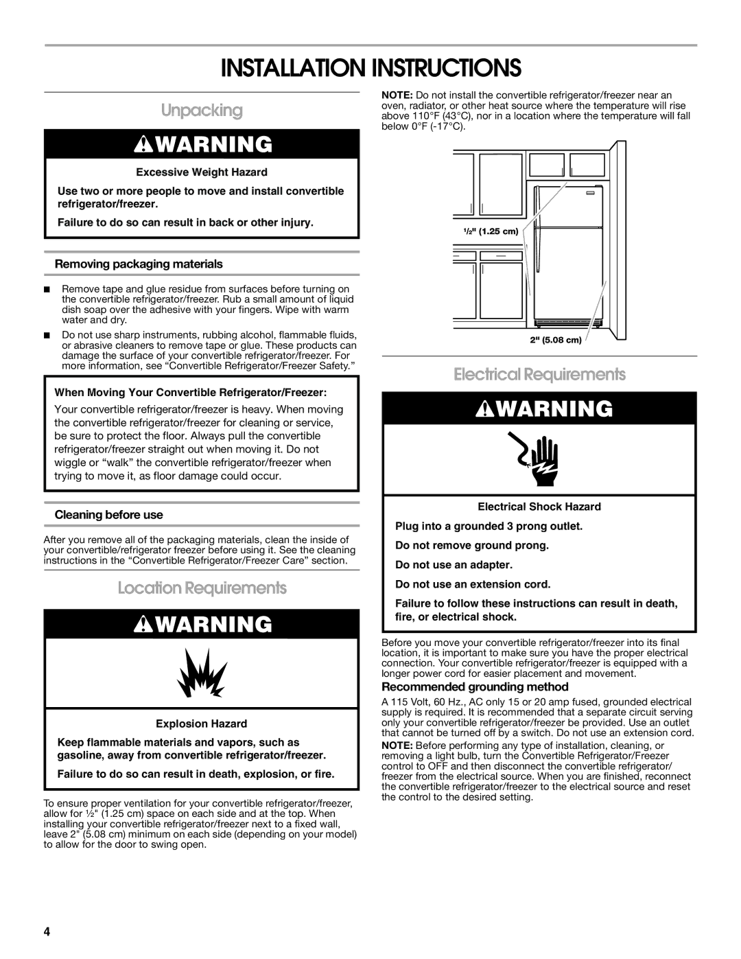 Whirlpool GAFZ21XXMK00 manual Installation Instructions, Unpacking, Location Requirements, Electrical Requirements 