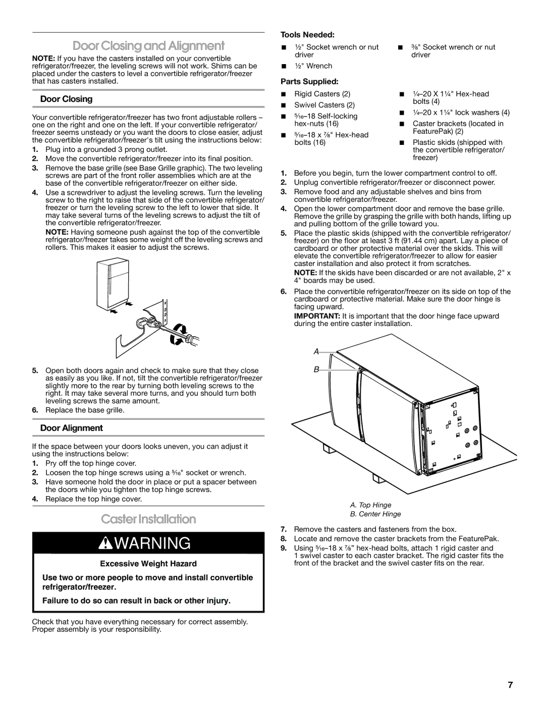 Whirlpool GAFZ21XXMK00 manual Door Closing and Alignment, Caster Installation, Door Alignment 