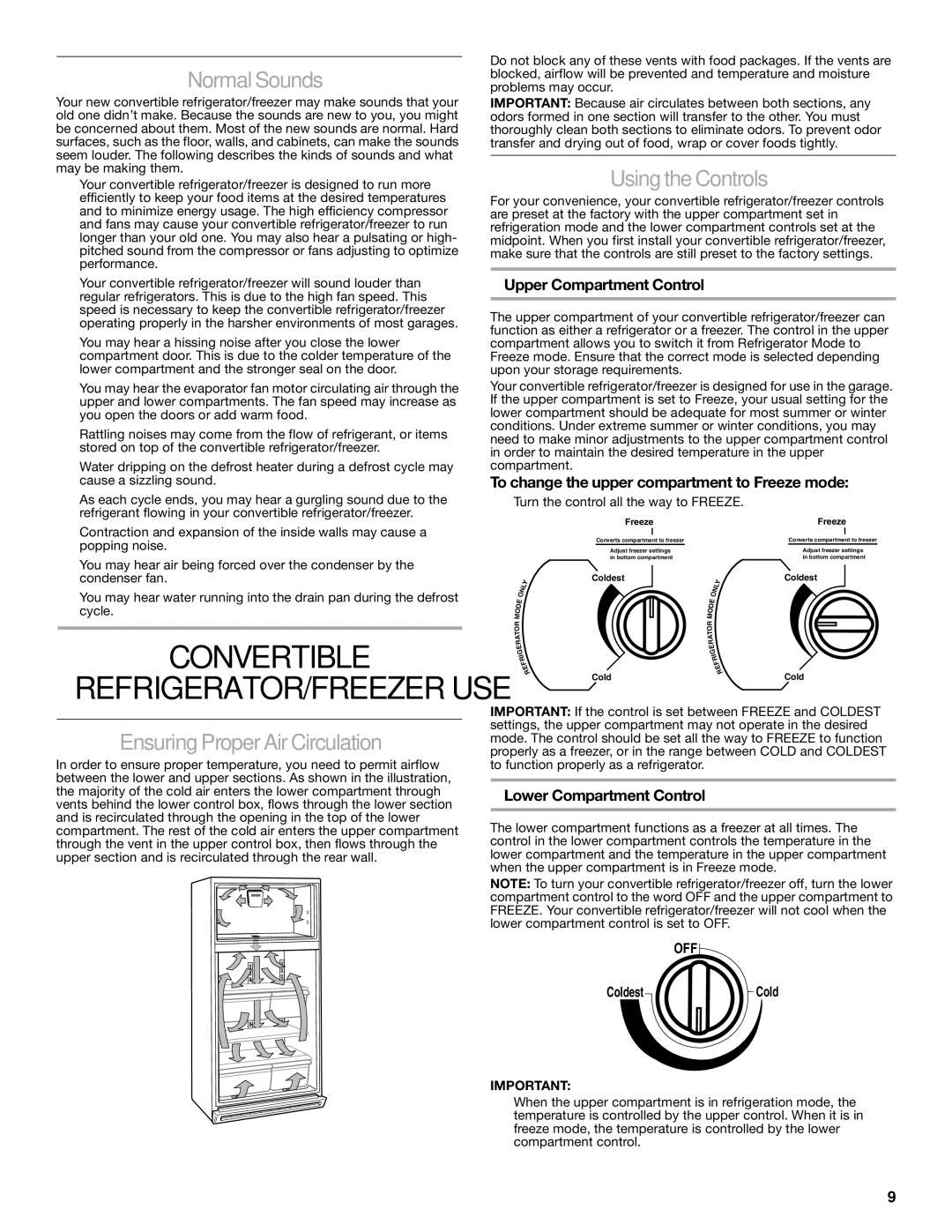 Whirlpool GAFZ21XXMK00 manual Convertible, Normal Sounds, Ensuring Proper Air Circulation, Using the Controls 