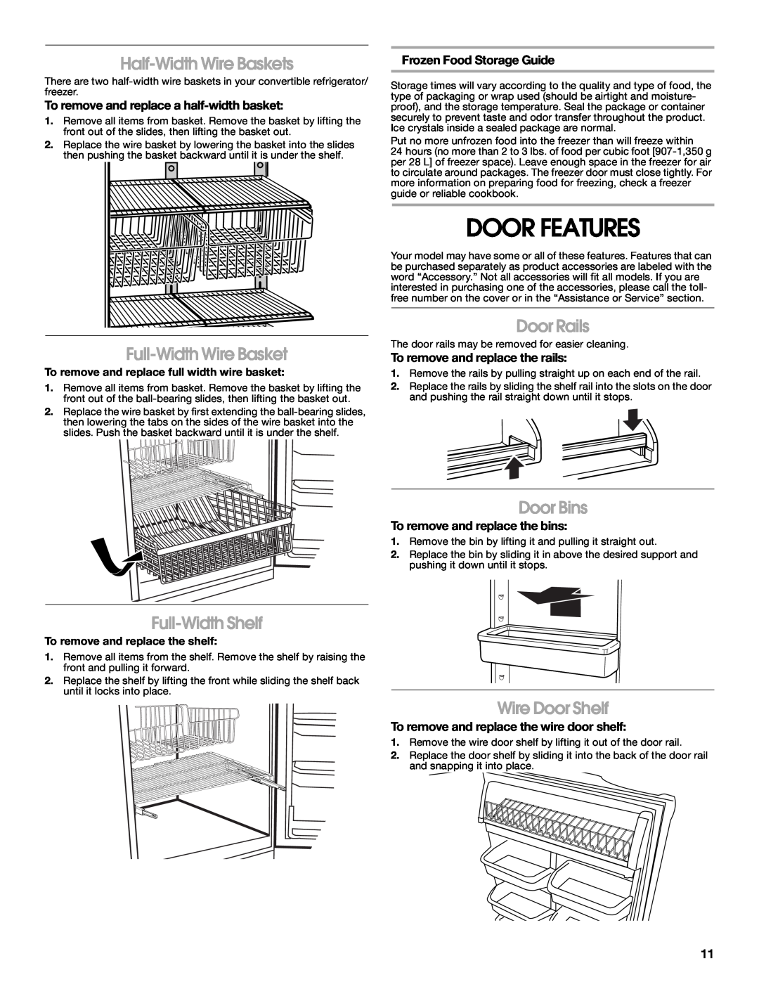 Whirlpool GAFZ21XXMK00 manual Door Features, Half-Width Wire Baskets, Full-Width Wire Basket, Door Rails, Full-Width Shelf 