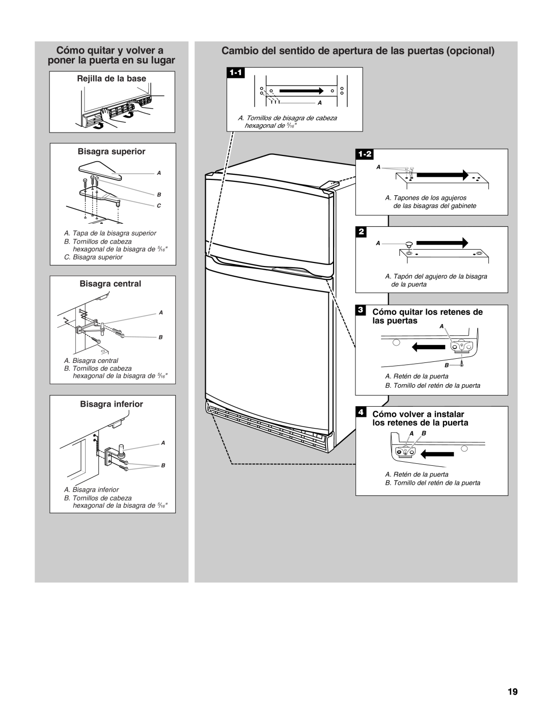 Whirlpool GAFZ21XXMK00 manual Cómo quitar y volver a poner la puerta en su lugar, Bisagra central, Bisagra inferior 