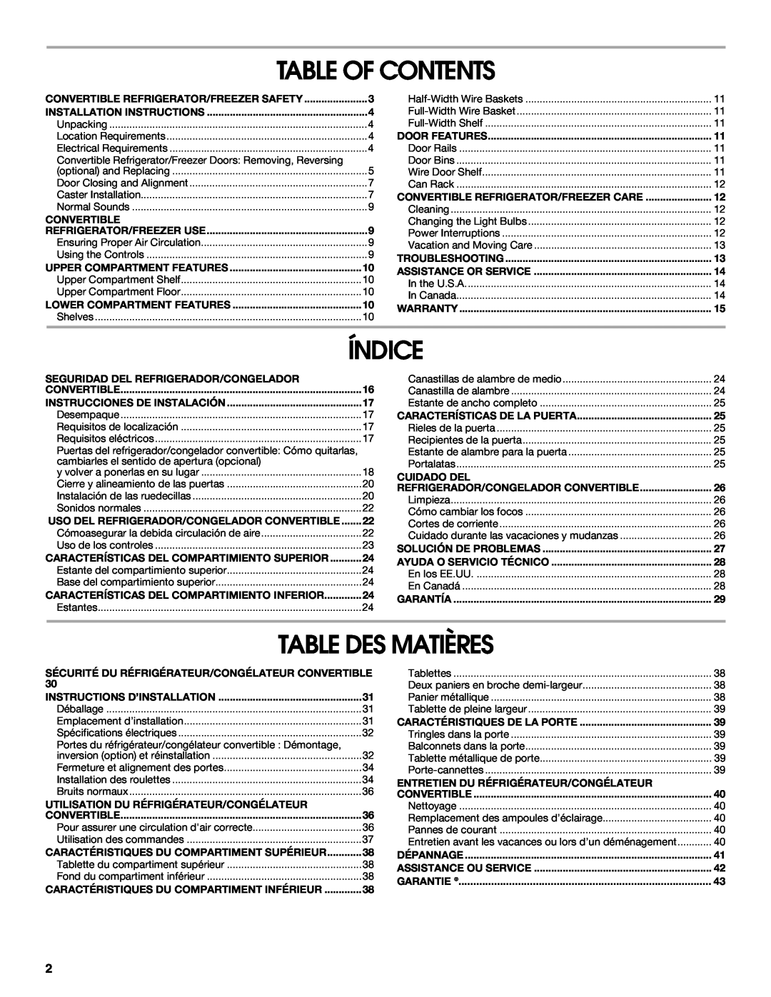 Whirlpool GAFZ21XXMK00 manual Table Of Contents, Índice, Table Des Matières 