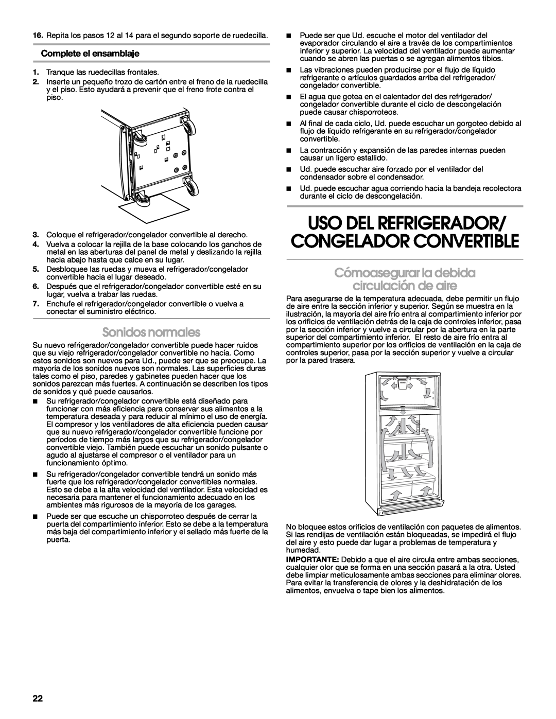 Whirlpool GAFZ21XXMK00 manual Uso Del Refrigerador/ Congelador Convertible, Sonidos normales, Complete el ensamblaje 