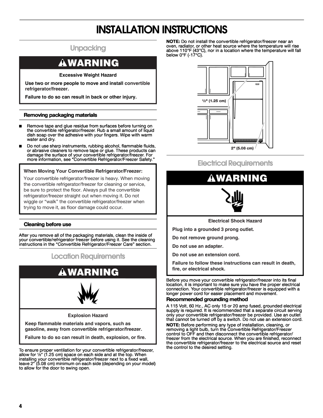 Whirlpool GAFZ21XXMK00 manual Installation Instructions, Unpacking, Location Requirements, Electrical Requirements 