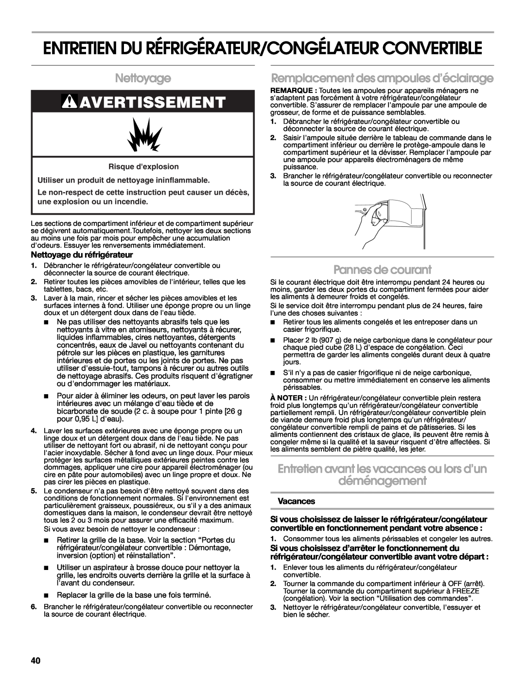 Whirlpool GAFZ21XXMK00 manual Entretien Du Réfrigérateur/Congélateur Convertible, Nettoyage, Pannes de courant, Vacances 