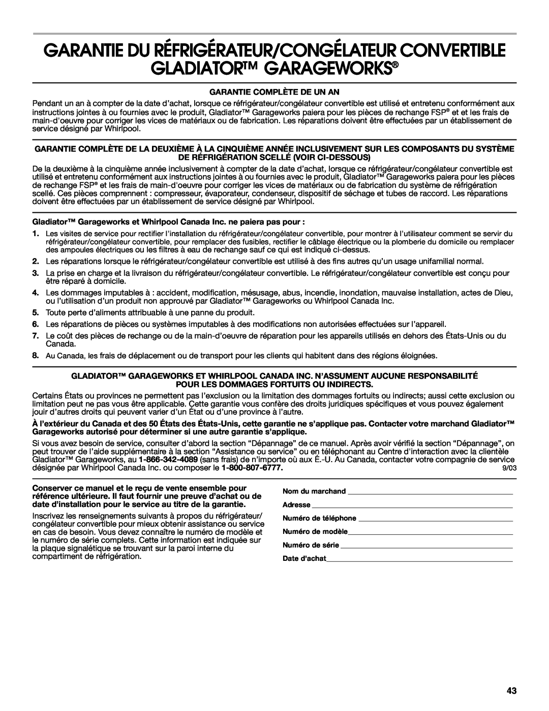 Whirlpool GAFZ21XXMK00 manual Garantie Du Réfrigérateur/Congélateur Convertible, Gladiator Garageworks 