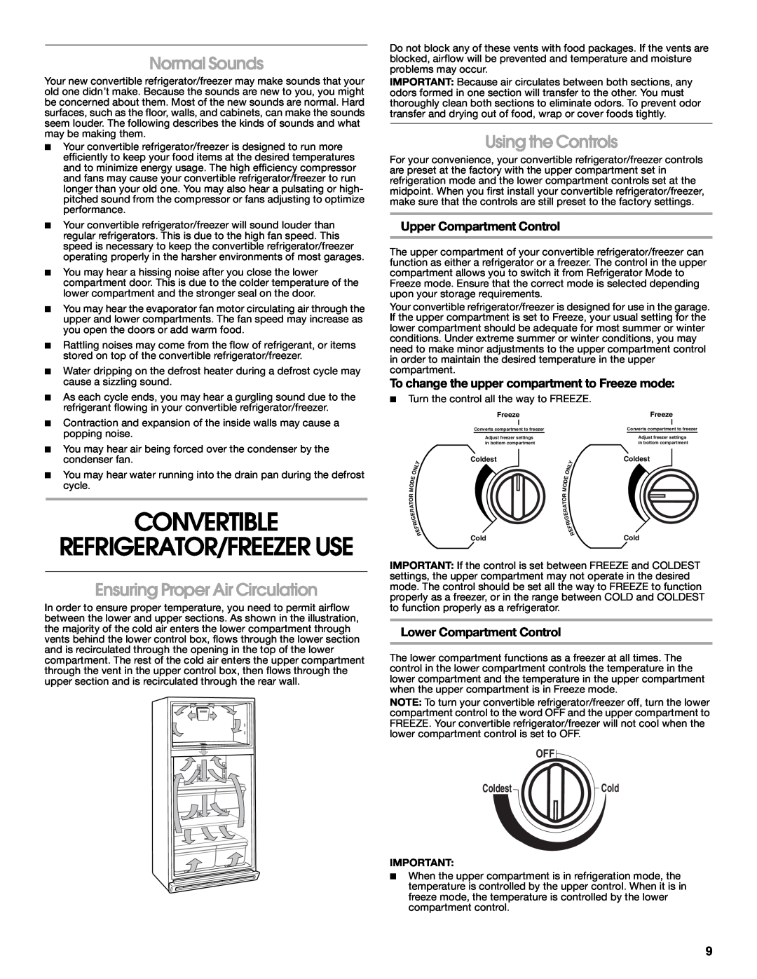 Whirlpool GAFZ21XXMK00 manual Convertible, Refrigerator/Freezer Use, Normal Sounds, Ensuring Proper Air Circulation 