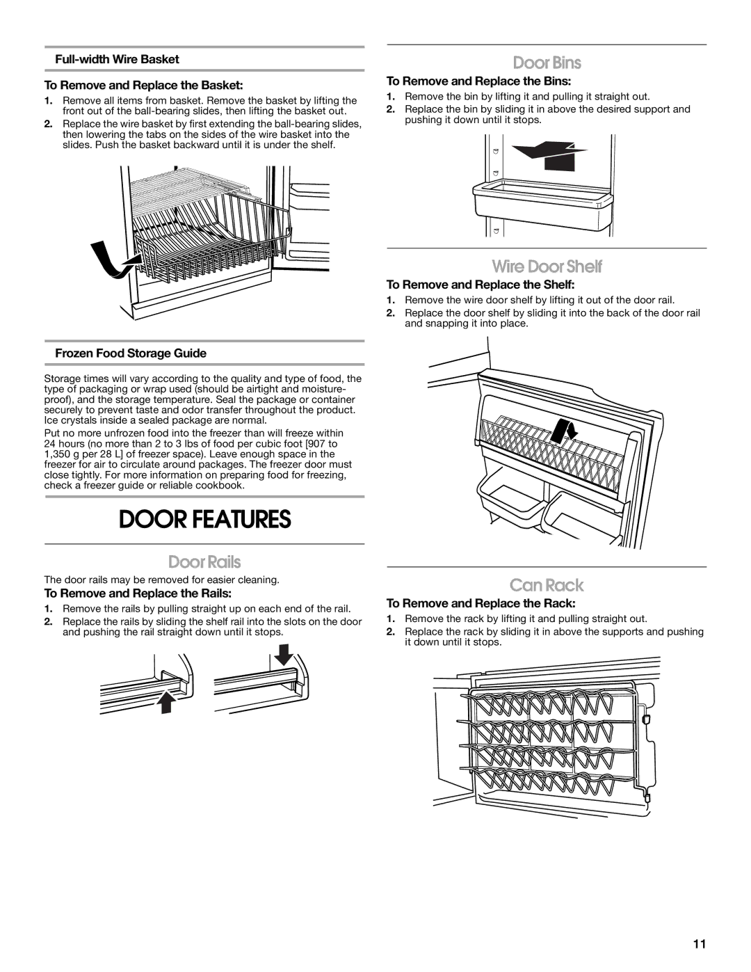 Whirlpool GAFZ21XXRK01 manual Door Features, Door Rails, Door Bins, Wire Door Shelf, Can Rack 