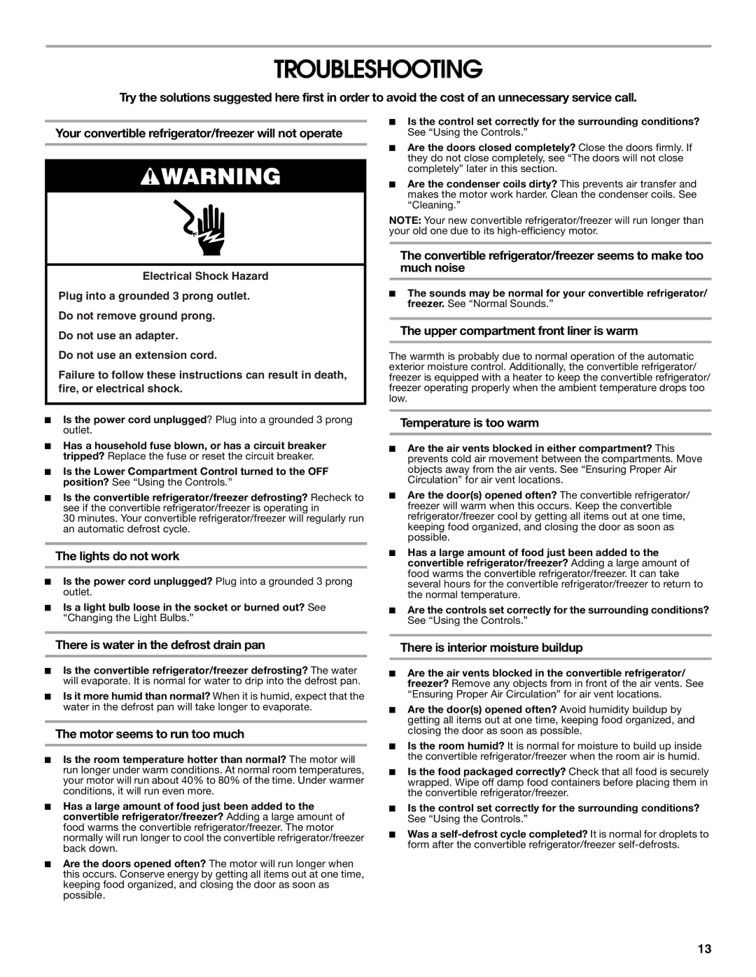 Whirlpool GAFZ21XXRK01 manual Troubleshooting 