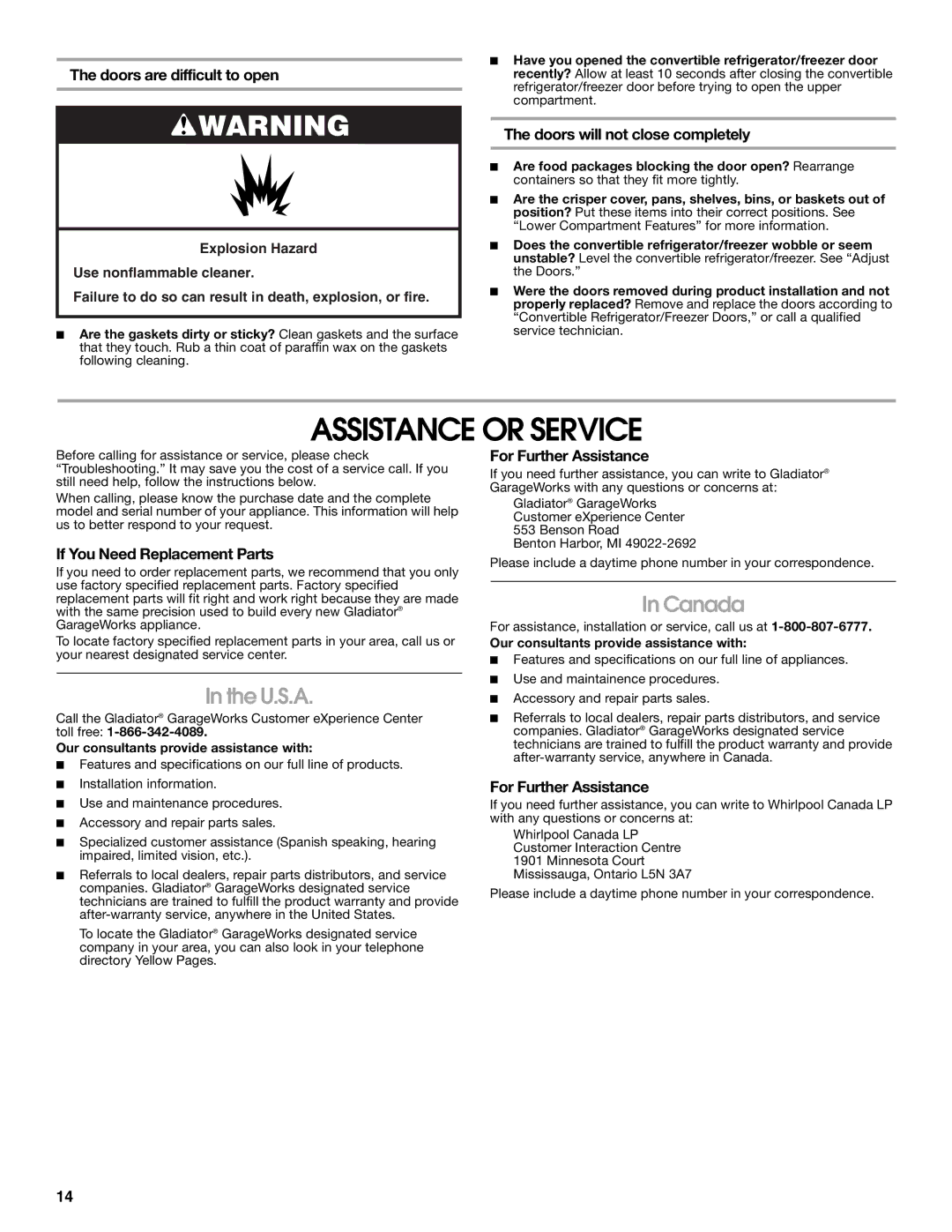 Whirlpool GAFZ21XXRK01 manual Assistance or Service, U.S.A, Canada 