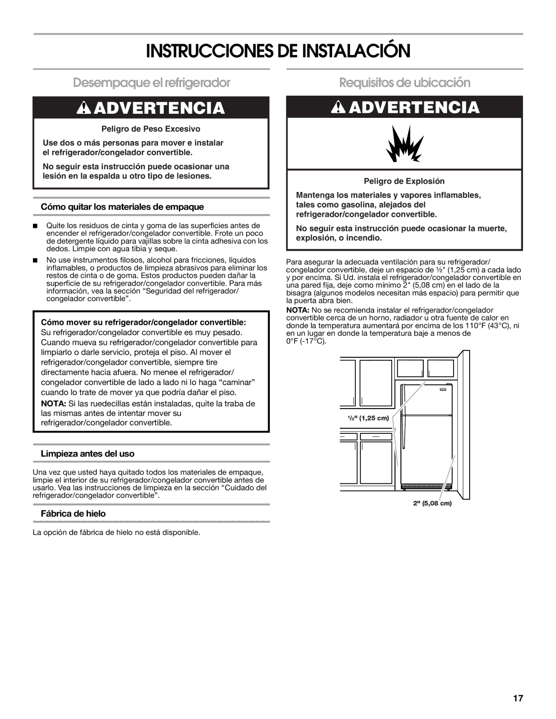 Whirlpool GAFZ21XXRK01 manual Instrucciones DE Instalación, Desempaque el refrigerador, Requisitos de ubicación 