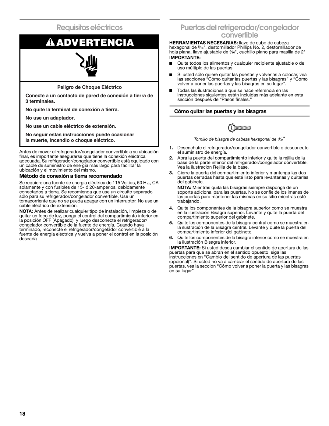 Whirlpool GAFZ21XXRK01 manual Requisitos eléctricos, Puertas del refrigerador/congelador Convertible, Importante 