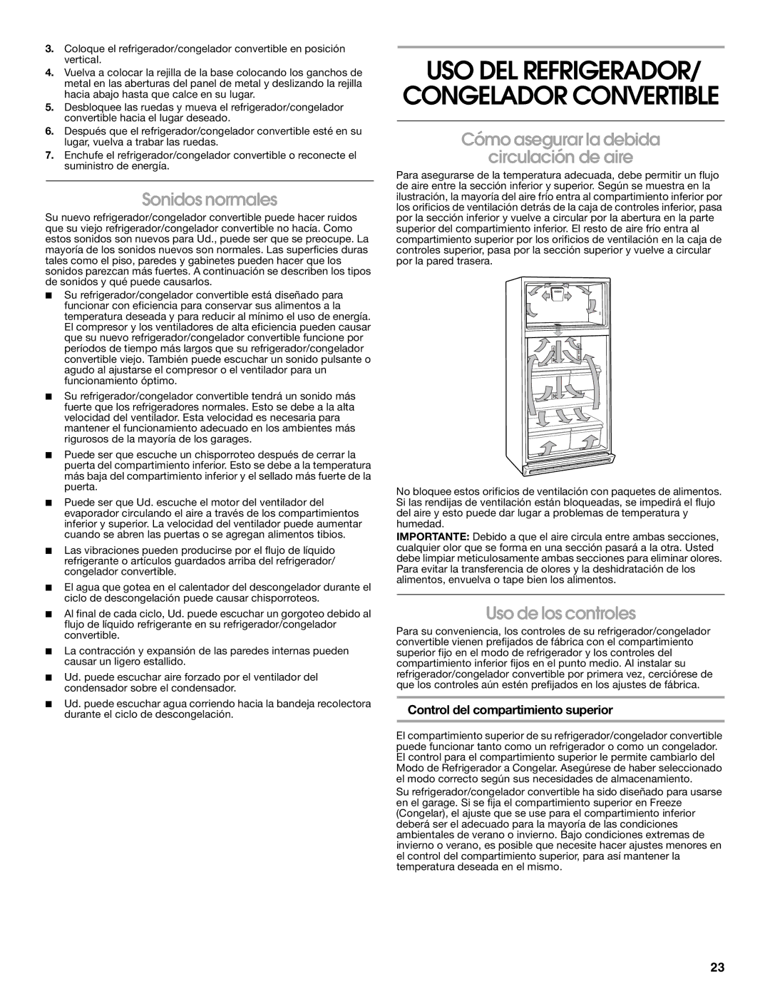 Whirlpool GAFZ21XXRK01 manual Sonidos normales, Cómo asegurar la debida Circulación de aire, Uso de los controles 