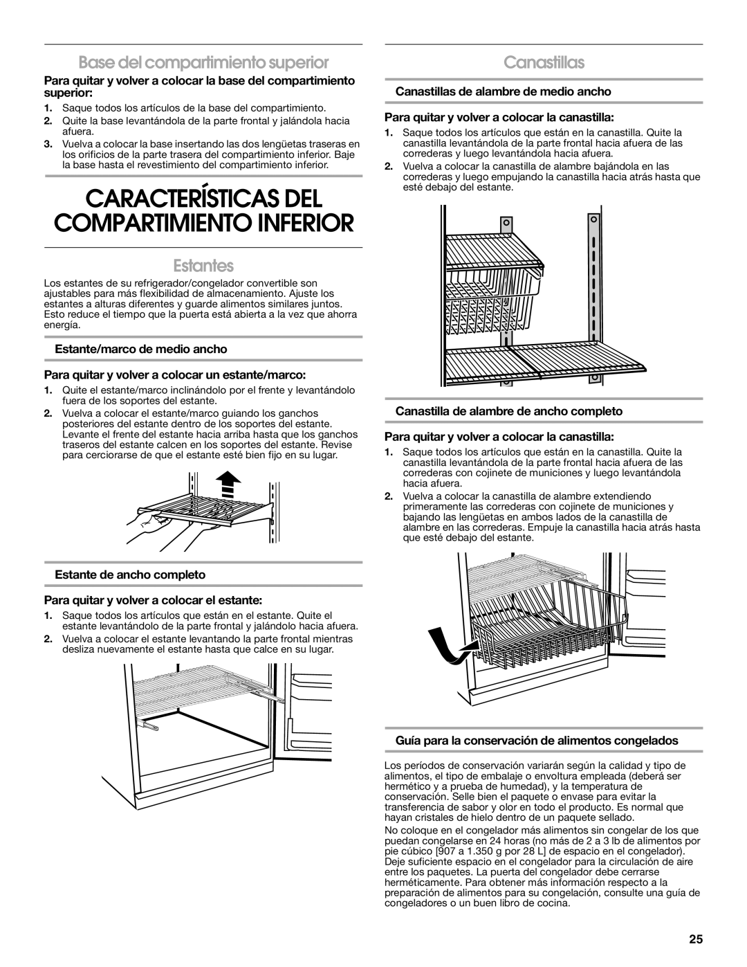 Whirlpool GAFZ21XXRK01 manual Base del compartimiento superior, Estantes, Canastillas 